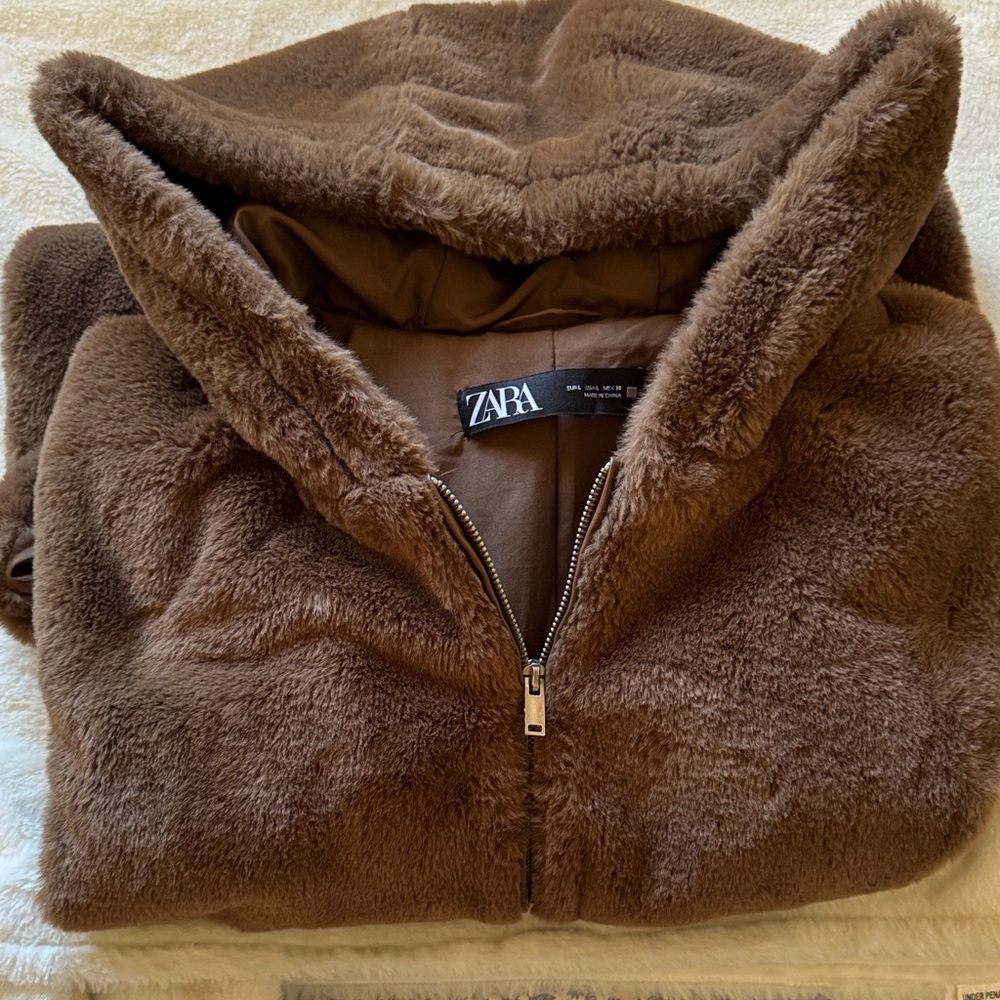 Zara Chocolate Faux Fur Coat with a Hoodie